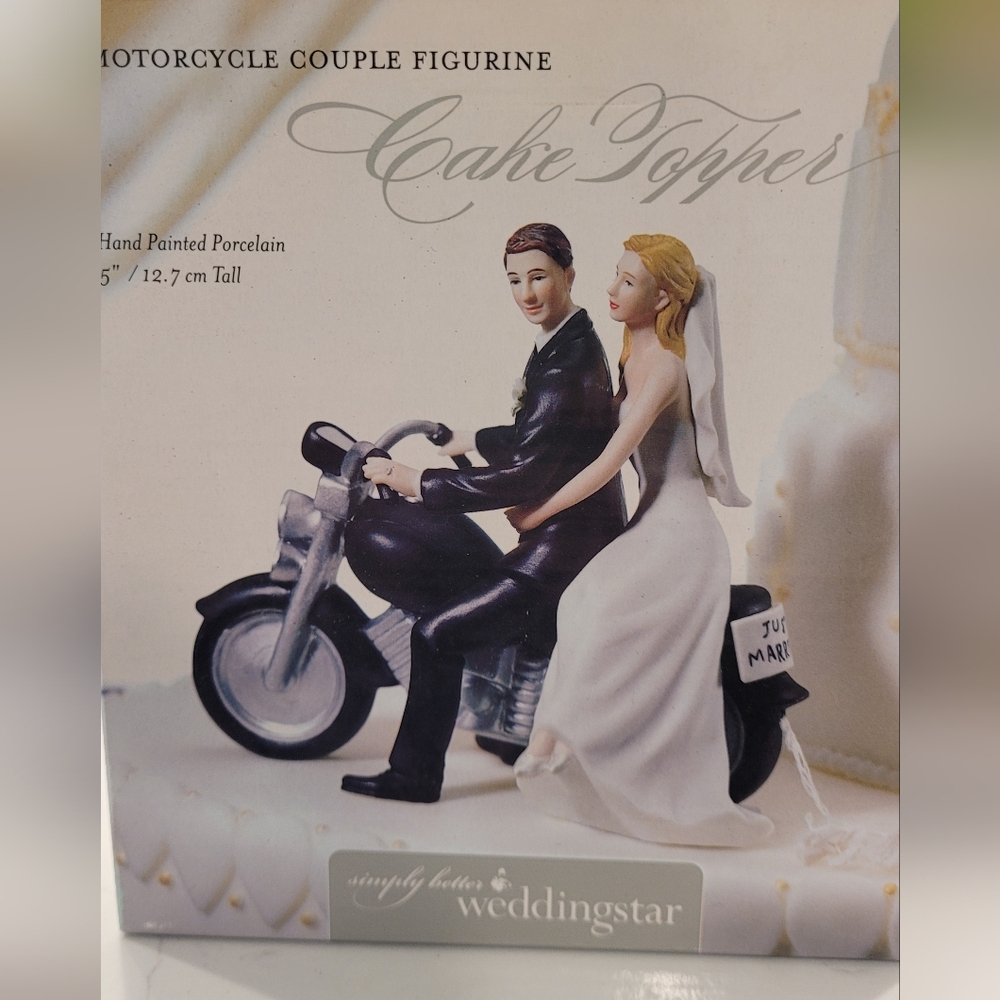 Wedding Cake Topper Bride & Groom on Motorcycle - White & Black
